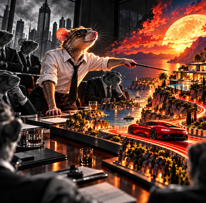 A digital illustration depicting a boardroom scene with anthropomorphic mice/rats in business attire, where one rat in sunglasses points at a detailed miniature coastal city landscape with a red sports car on a lit highway.