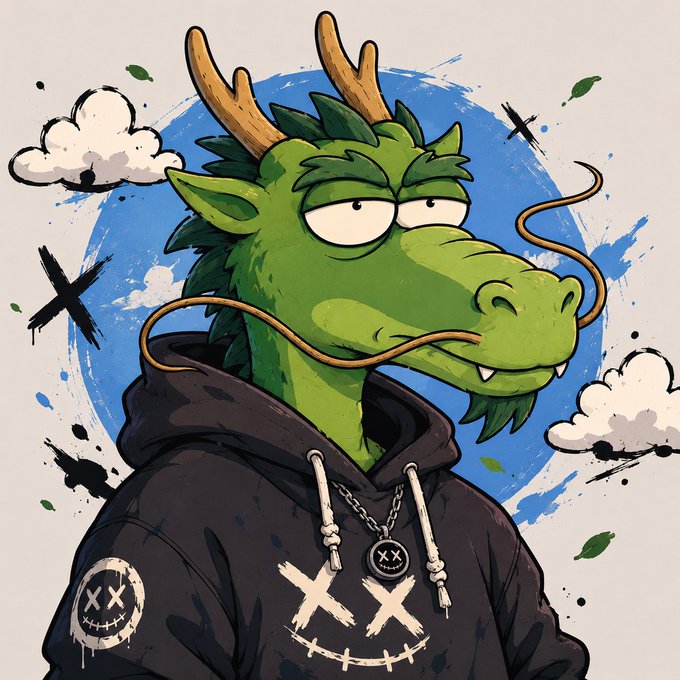 The image features a green dragon with horns wearing a hoodie and has a necklace around its neck. The dragon's face is painted white, giving it a cartoon-like appearance. The background of the image includes clouds and graffiti art, adding an urban feel to the scene. The caption "Sometimes simplicity is what makes something unforgettable" suggests that this unique and eye-catching design might be memorable due to its simple yet striking visual elements. The post also mentions @bonkonft, which could indicate a connection between the dragon's appearance or the artist responsible for creating it.