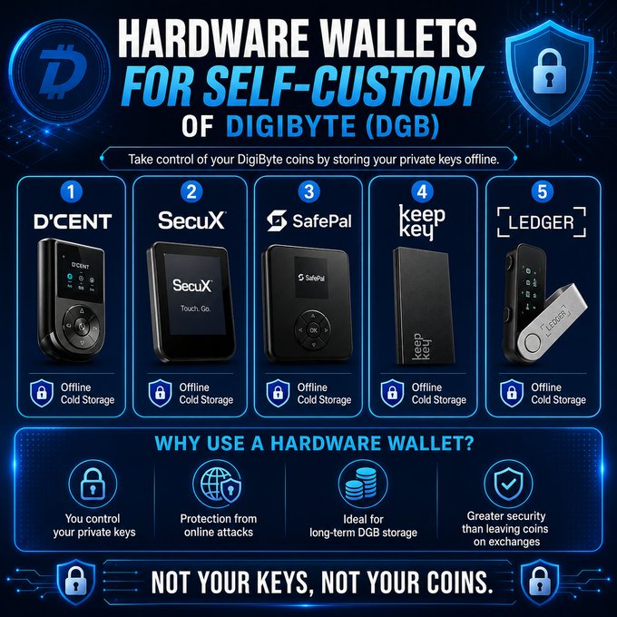 An infographic titled 'Hardware Wallets for Self-Custody of DigiByte (DGB)' showcasing five wallet options: D'CENT, SecuX, SafePal, KeepKey, and Ledger, with the slogan 'Not your keys, not your coins.'