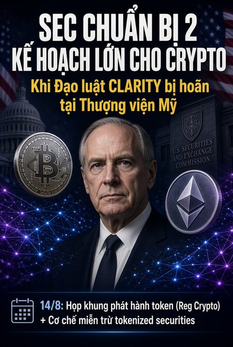 A Vietnamese cryptocurrency news poster titled 'SẴN SÀNG CHUẨN BỊ 2 KẾ HOẠCH LỚN CHO CRYPTO' featuring a man in a suit with Bitcoin and Ethereum coins, referencing the CLARITY Act delay and a 14/8 meeting about crypto token regulation.