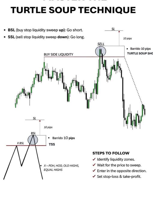 A candlestick chart illustrating the "Turtle Soup Technique" trading strategy, showing a BSL (Buy-Side Liquidity) sweep where price reverses downward after breaching a previous high, with annotations for entry at "SELL," a 10-pip stop-loss (SL), and key liquidity zones marked as "X = PDH, HOD, OLD HIGHS, EQUAL HIGHS."