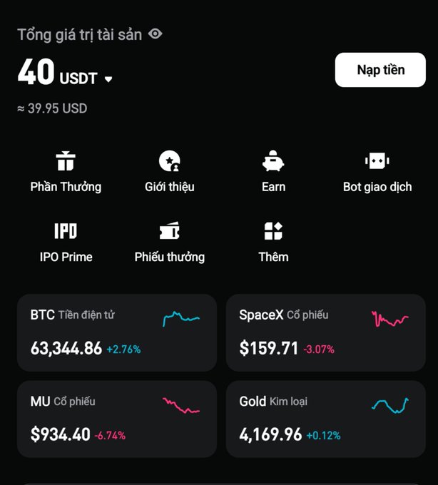 A Vietnamese cryptocurrency/asset app interface showing 'Tổng giá trị tài sản 40 USDT (≈39.95 USD)' with a deposit button, menu icons including 'Phần Thưởng', 'IPO Prime', and asset cards for BTC (63,344.86 +2.76%), SpaceX ($159.71 -3.07%), MU ($934.40 -6.74%), and Gold (4,169.96 +0.12%).