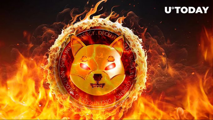 A golden Shiba Inu coin surrounded by intense flames and engraved with words like "CURRENCY," "DECENTRALIZED," and "STRONG," visually symbolizing the dramatic 863.58% surge in Shiba Inu's ($SHIB) token burn rate reported by U°Today.