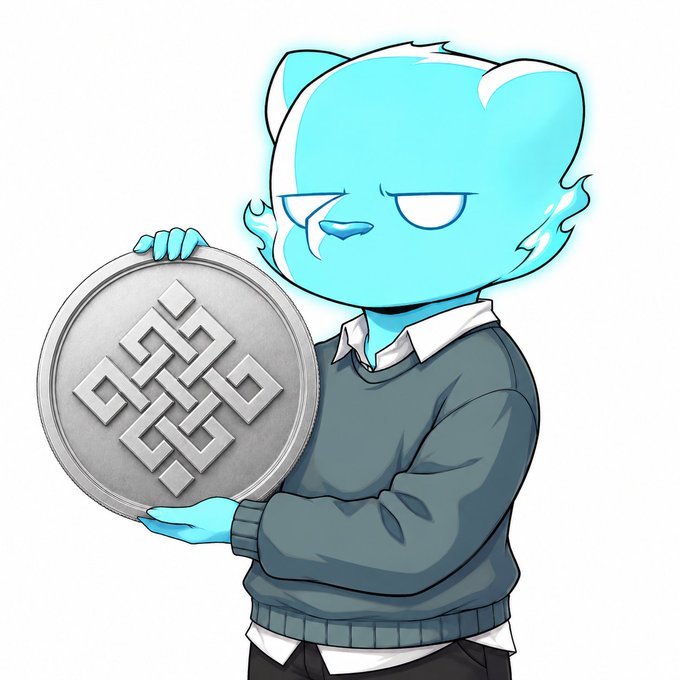 An illustration of a blue, ghost-like cartoon character wearing a dark sweater and holding a large silver coin with a geometric knot symbol on it.