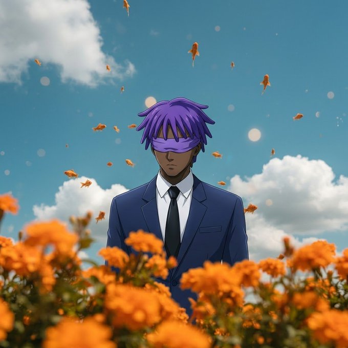 Anime-style artwork featuring a person in a blue suit and tie with purple hair and a purple mask covering their eyes, standing in a field of orange marigold flowers under a cloudy blue sky with goldfish floating in the air.