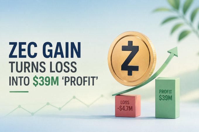 A financial graphic showing a Zcash (ZEC) coin on a rising green arrow, with text reading 'ZEC GAIN TURNS LOSS INTO $39M PROFIT' and blocks labeled 'LOSS -$4.7M' and 'PROFIT $39M'.