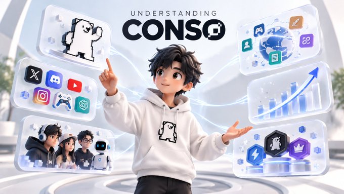 An animated promotional graphic titled 'UNDERSTANDING CONSO' featuring a young boy in a white hoodie surrounded by floating holographic panels displaying social media, gaming, and analytics icons.