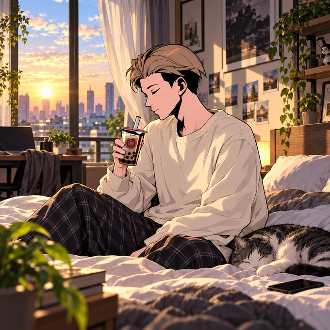 Anime-style illustration of a young man in a white sweater drinking bubble tea while sitting on a bed next to a sleeping cat, with a city sunset visible through the window.