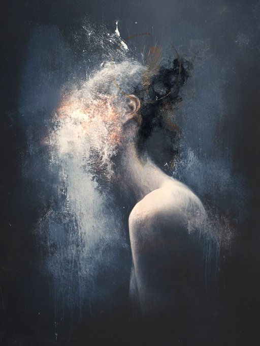 The image features a painting of a person's head with their hair dripping water, giving an impression of a waterfall effect. The background appears to be black, which contrasts with the white figure depicted in the painting. The artist has used a unique technique that creates a sense of movement and dynamism within the artwork. The post includes text such as "Happy Friday Only" and "Unbecoming", possibly indicating a celebration or an artistic exploration related to the concept of change or transformation.