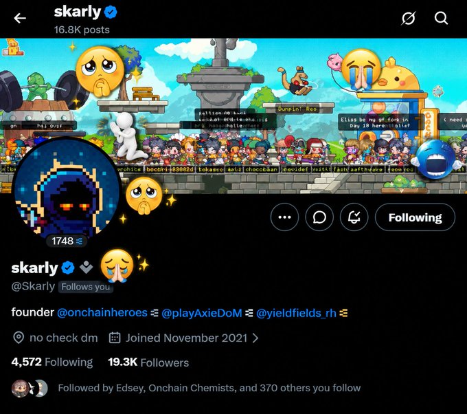 The image shows the X (Twitter) profile of "skarly" (@Skarly), founder of @onchainheroes, @playAxieDoM, and @yieldfields_rh, featuring a pixelated character avatar and a colorful banner with various cartoon heroes. The accompanying post appears to be a request from a fan to Skarly, asking for a ringbearer NFT despite not having the capital to buy one, citing loyalty to the Onchain Heroes community and offering a Genesis Hero and armor in exchange.