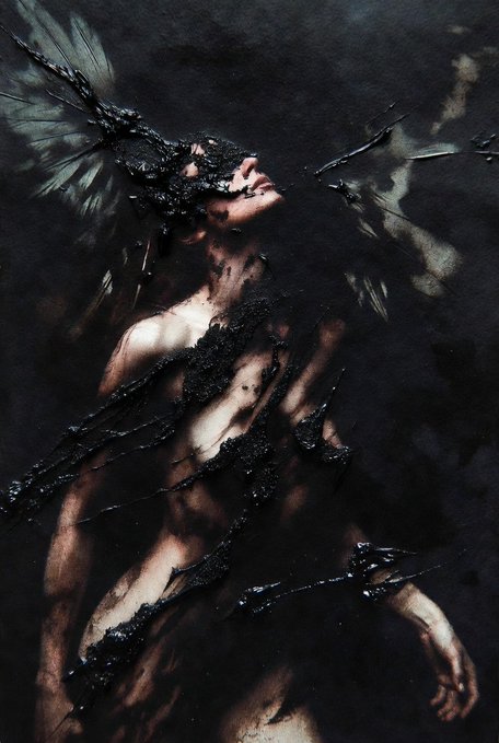 The user wants a concise 1-2 sentence caption for the image.
I need to look for any visible text in the image itself.
Looking closely at the image, there is no visible text *within* the artwork itself. It's a dark, surreal painting of a figure with black, wing-like structures emerging from their body.
However, the prompt includes accompanying text: "GM to the kind beauties "Ritual of Rupture" The body is no longer flesh; it has become a memory of pain learning how to fly. Darkness here is not the absence of light— it is the ritual of transformation itself.  1/1                29.99 ꜩ".

The prompt asks me to "Write a concise 1-2 sentence caption describing what is in this image. Include any key text, numbers, tickers or names visible."
Wait, the prompt says "The accompanying post says...". This implies the text provided *is* the accompanying