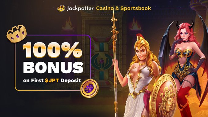 A banner for 'Jackpotter Casino & Sportsbook' advertising a '100% BONUS on First $JPT Deposit', featuring illustrated fantasy characters including a spear-wielding warrior and a red-haired succubus.