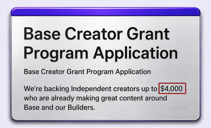 The image shows a "Base Creator Grant Program Application" announcement stating that Base is backing independent creators up to $4,000 who are already making great content around Base and its Builders. The highlighted "$4,000" figure in the image directly corresponds to the post's mention of grants up to that amount for content creators supporting the Base ecosystem.