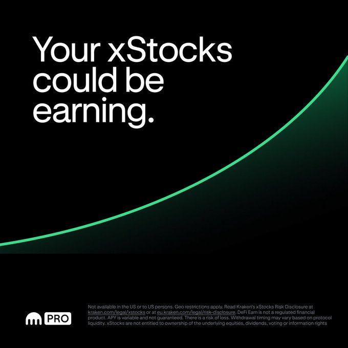 A Kraken Pro promotional graphic featuring a green upward-curving line on a black background with the headline "Your xStocks could be earning." The ad supports the launch of xStocks Vaults, inviting users to allocate tokenized equities like SPYx, QQQx, or NVDAx to earn variable DeFi yield plus underlying dividend yield, with a Kraken Pro logo and risk disclosure footer.