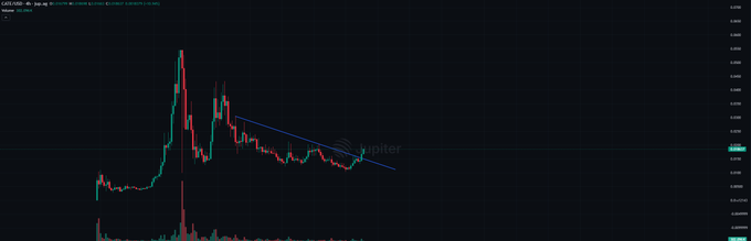 A candlestick chart for the ticker CATE/USD displays a sharp price spike followed by a drawn downward trendline, reflecting the volatile price action and potential "fake out" pattern the trader is frustrated about.