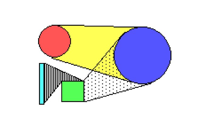 This image appears to be an abstract digital artwork featuring geometric shapes—a red and blue circle connected by a yellow triangular band, alongside a green square, a cyan rectangle, and patterned sections in black and white. It likely represents the NFT artwork "oho" or "tug" collected by the user on objkt.com, with no visible text or numbers in the image itself.
