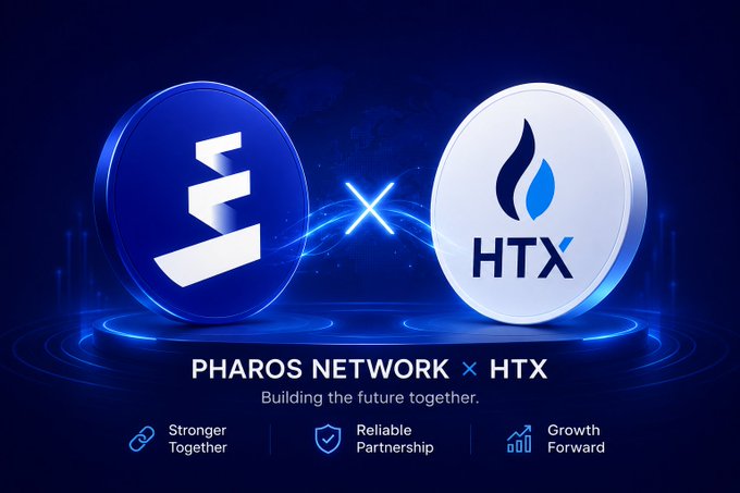 A partnership announcement graphic displaying 'PHAROS NETWORK × HTX' with the tagline 'Building the future together' and three icons labeled 'Stronger Together', 'Reliable Partnership', and 'Growth Forward'.