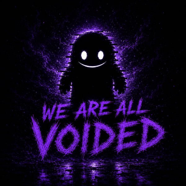 The image showcases the bold meme energy of "VOIDED" with the text "WE ARE ALL VOIDED" in purple, visually representing the spirit of the $VOIDED token. This aligns with the post's announcement of the token going live.