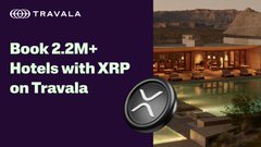 A promotional graphic for Travala featuring the XRP logo and a nighttime hotel scene, advertising the ability to book 2.2 million+ hotels worldwide with XRP across 230+ countries.