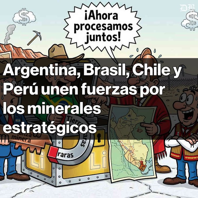A political cartoon with the Spanish headline 'Argentina, Brasil, Chile y Perú unen fuerzas por los minerales estratégicos' showing characters gathered around a locked 'LITIO' chest holding a map of South America.