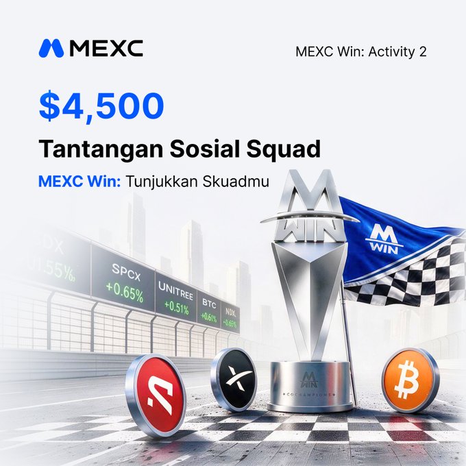 A promotional graphic for MEXC Win: Activity 2, displaying a $4,500 prize pool for the "Tantangan Sosial Squad" challenge, featuring a silver "WIN" trophy with a checkered flag, a stock ticker board showing SPCX (+0.65%), UNITREE (+0.51%), BTC (+0.61%), and NDX (+0.60%), and cryptocurrency coins for Aave, XRP, and Bitcoin. The image ties into the accompanying post by highlighting the MEXC Win campaign where Indonesian community members can showcase their squads to win prizes.