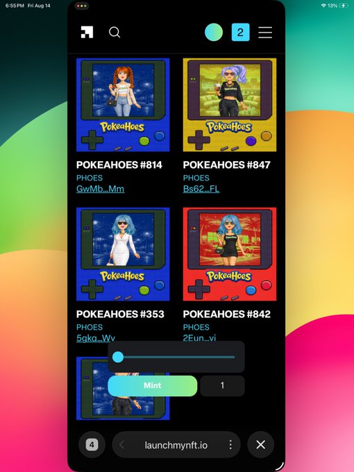 A mobile screenshot of 'launchmynft.io' displaying PokéaHoes NFT collection cards featuring anime-style female characters in Game Boy-style frames, with a Mint button visible.