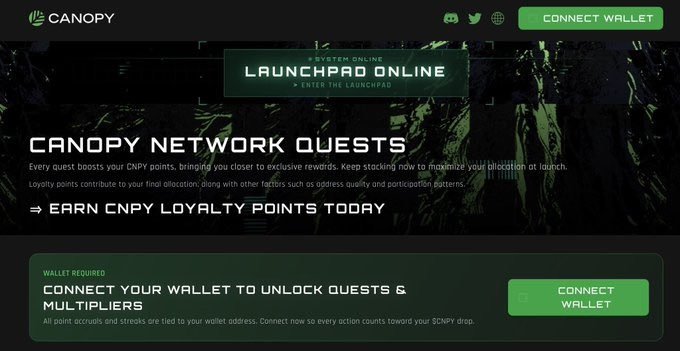 A screenshot of the Canopy Network website displays a section titled "CANOPY NETWORK QUESTS" where users can earn CNPY Loyalty Points by connecting their wallet, noting that "WALLET REQUIRED".