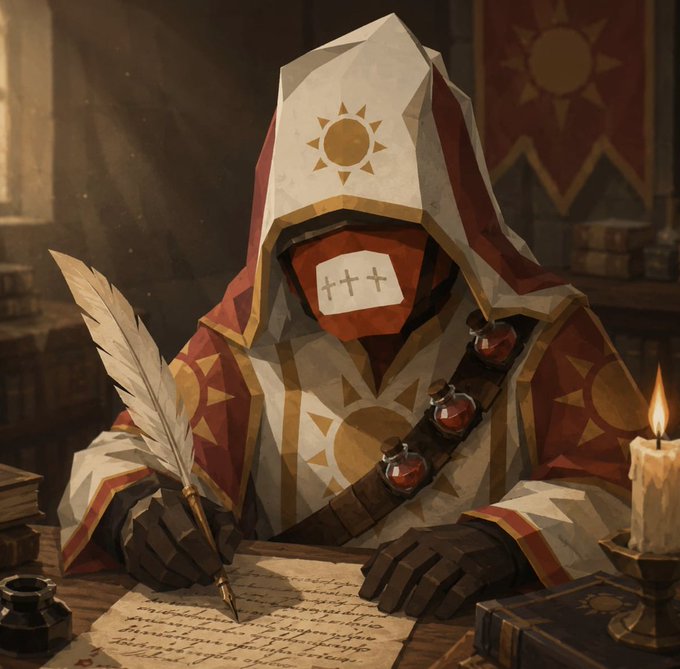 A fantasy illustration of a hooded scribe in red and white robes with sun motifs, writing with a quill pen by candlelight.