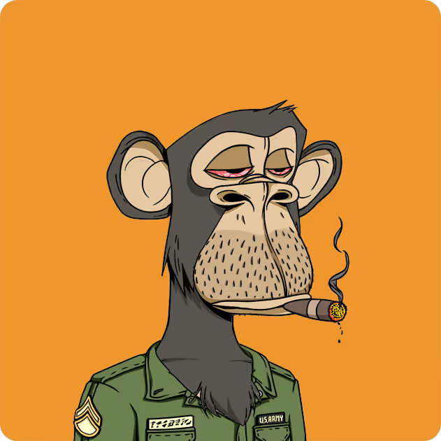 A cartoon illustration depicts a tired-looking chimpanzee with bloodshot eyes smoking a cigar, wearing a green U.S. Army uniform with a name tag reading 'TAPIE' and a sergeant stripe.