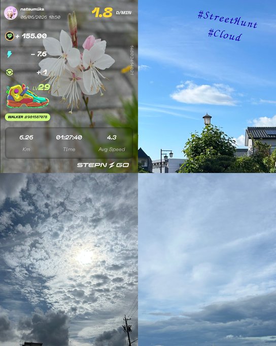 The image features a collage of four photos, each depicting different aspects of clouds against various backgrounds. The first photo shows a white cloud floating above a city street with buildings visible below. The second photo depicts a large white cloud near a house, creating an interesting contrast between nature and architecture. The third photo captures another white cloud in the sky, adding depth to the scene. Lastly, the fourth photo features a small white flower on top of a building, providing a touch of color amidst the cloudy backdrop.