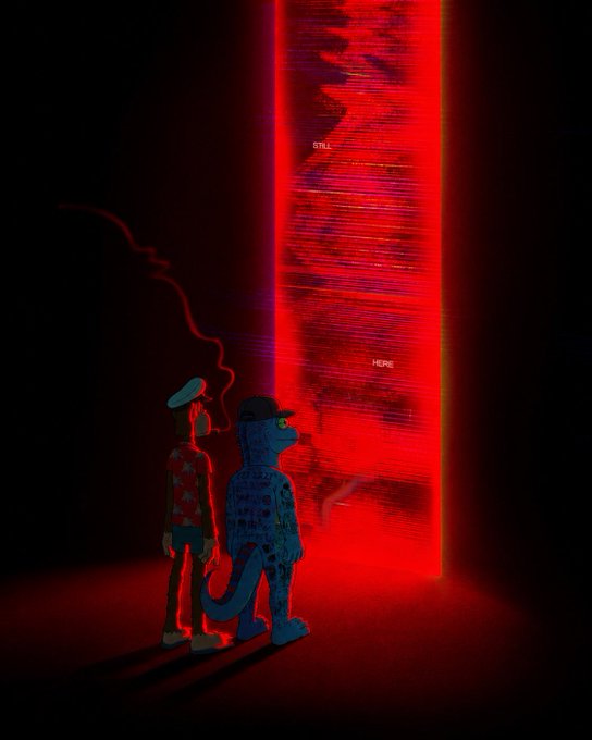 Two figures, one smoking a cigarette and wearing a patterned shirt and beret, the other a blue ape-like character in a baseball cap, stand before a towering red glitching portal labeled "STILL" and "HERE," evoking a mysterious pre-event atmosphere as they prepare to enter what appears to be the ApeFest collaboration between Bored Ape Yacht Club and Creepz, with the question of attire left humorously open-ended.