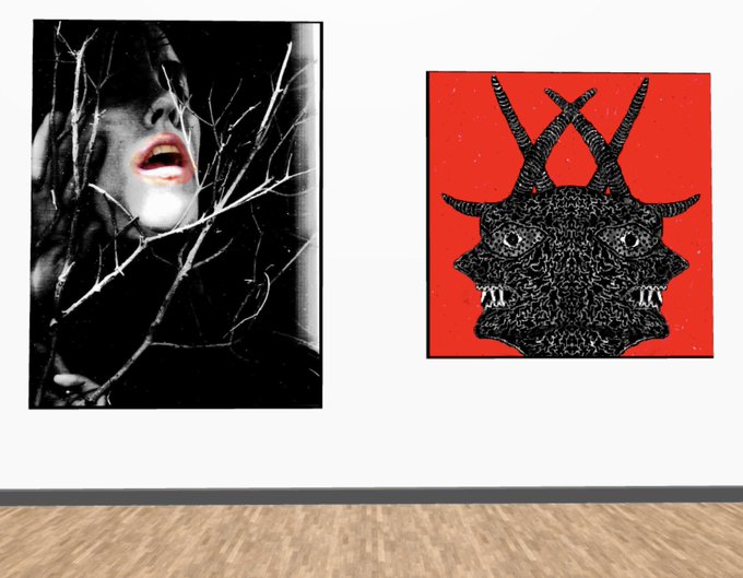 Two framed art pieces hang on a white wall above a wooden floor: on the left, a black-and-white portrait of a woman with red lips behind bare branches, and on the right, a black horned demon-like creature on a red background.