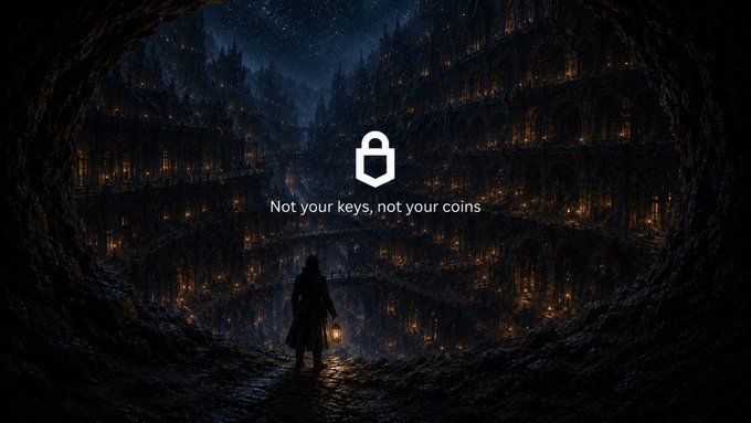 A dark, atmospheric fantasy scene of a person holding a lantern while looking out over a vast, illuminated city in a cavernous chasm, with a central logo and the text 'Not your keys, not your coins.'