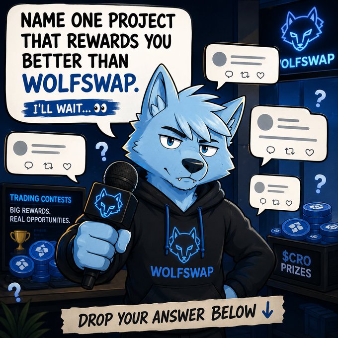 The image features a cartoon character dressed in a hoodie with a microphone, standing next to a table filled with various items such as coins, cards, and a book titled "Wolfswap." The character appears to be holding a microphone, possibly preparing for an interview or speaking event related to the Wolfswap app. The text on the image encourages viewers to drop their answer below it, suggesting that there might be a question or prompt about the post in which they should respond.