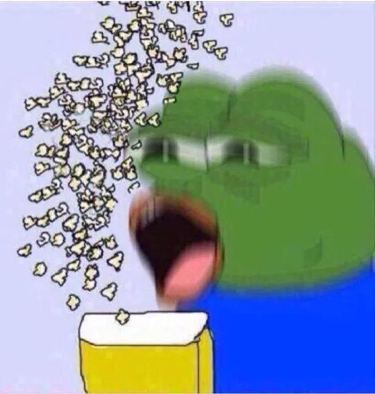 A distorted, exaggerated illustration of Pepe the Frog with his mouth wide open, catching popcorn flying out of a yellow tub.