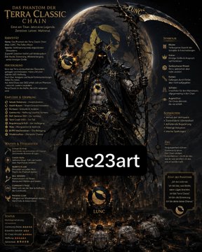 Dark fantasy promotional image for "TERRA CLASSIC CHAIN" titled "Das Phantom der," with various feature lists and a "Lec23art" watermark.