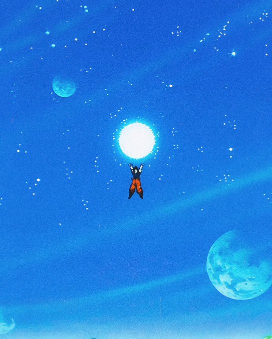 An anime-style illustration of a character in orange pants flying toward a bright glowing orb in a starry blue sky, with a crescent moon in the upper left and a larger moon in the lower right.