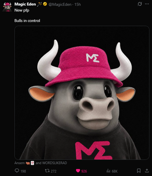 A screenshot of a Magic Eden tweet featuring a 3D-rendered black bull wearing a pink bucket hat with the "ME" logo, captioned "Bulls in control." The image aligns with the accompanying post about crypto community members posting bullish imagery, including @MagicEden changing their PFP to this Bullpen NFT by wordslikerad, signaling bullish sentiment toward $ANSEM.