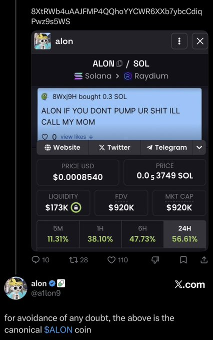 A screenshot of a tweet from @a1lon9 showing the memecoin $ALON on Solana via Raydium, with a humorous message reading 'ALON IF YOU DONT PUMP UR SHIT ILL CALL MY MOM'.