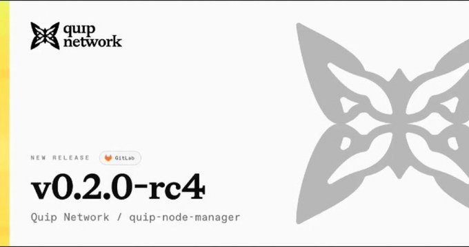The image features a white background with a picture of a butterfly on it that says "v0.2.0-rc4". It shows a screenshot of a product's interface, possibly a program or app, related to Quip Network and their new release of version 2.0 Rc4. This indicates the post is discussing the features of the software being released for users in the current time frame. The butterfly logo could be connected to Quip Network, but it is not clear from the image alone what the specific product or app might be.