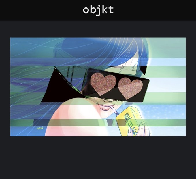 Anime-style digital artwork of a blue-haired character wearing heart-shaped sunglasses and drinking from a juice box, labeled 'objkt' at the top.