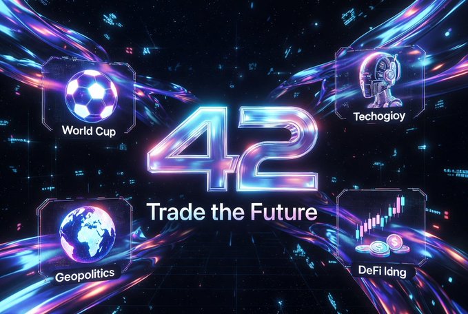 A vibrant, futuristic digital graphic featuring the text '42 Trade the Future' surrounded by floating, holographic-style panels labeled 'World Cup', 'Techogloy', 'Geopolitics', and 'DeFi Idng'.