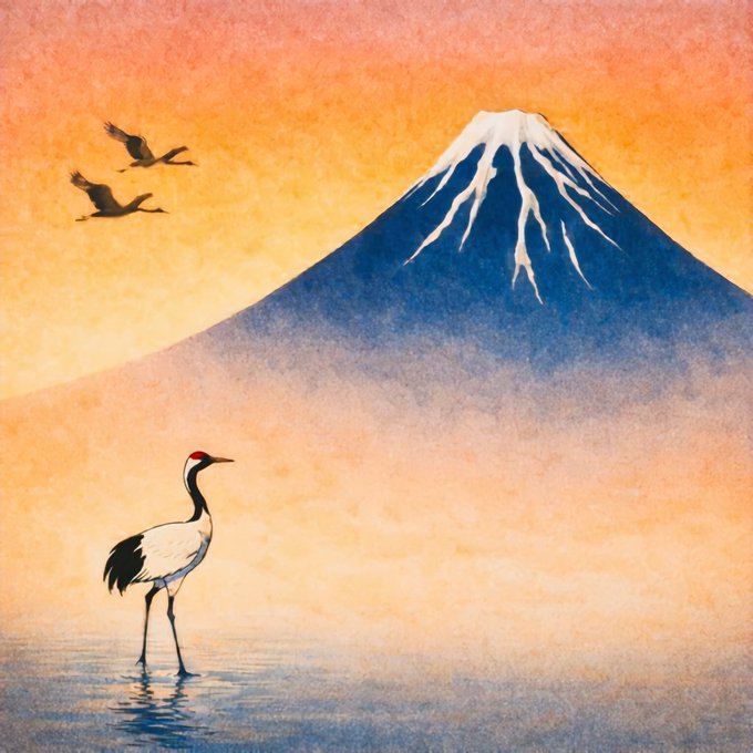 The image features an orange sky with a mountain covered in snow, which appears to be Mount Fuji. A crane is standing near the water's edge, facing away from the camera. The background of the image is filled with warm light that illuminates the scene and enhances the colors. There are two birds flying above the mountain, adding life to the landscape.