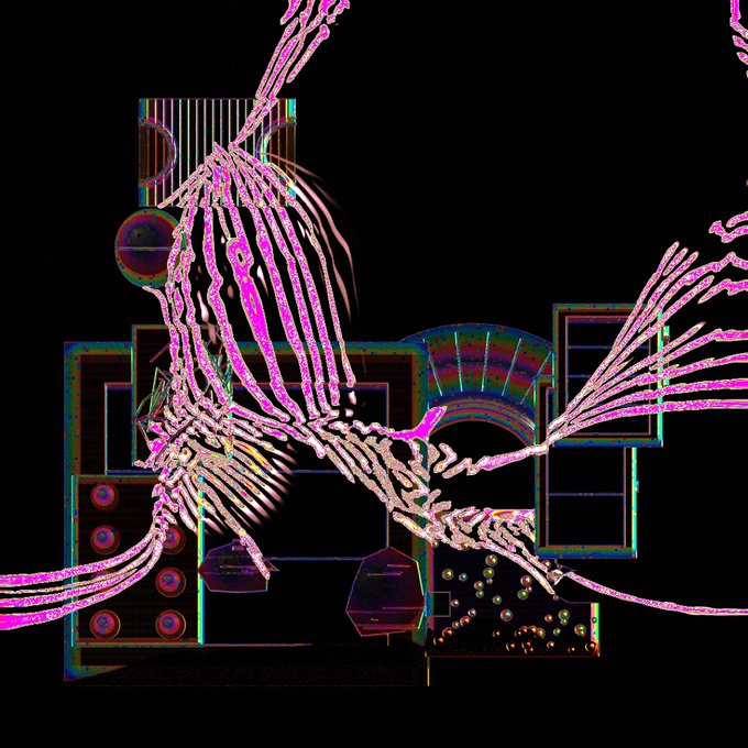 An abstract digital art piece featuring glitchy, neon pink wireframe shapes resembling a bird or phoenix against a black background with colorful geometric patterns.