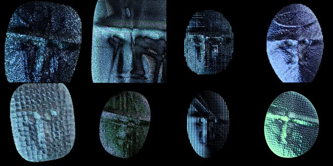 Eight oval-shaped windows or screens with a blue-green tint, each displaying a textured cross or pillar design.