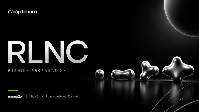 A dark promotional banner for 'RLNC - RETHINK PROPAGATION' by optimum on mump2p Ethereum Hoodl Testnet, featuring metallic blob-shaped objects and a partial moon.