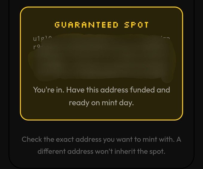 A "GUARANTEED SPOT" confirmation screen (with a redacted wallet address) tells the user "You're in. Have this address funded and ready on mint day," instructing them to verify the exact address used since a different one won't inherit the spot—aligning with the post's caution about carefully preparing your wallet (like Noir Wallet) before the $ZEC mint on the ZecBit Launchpad.