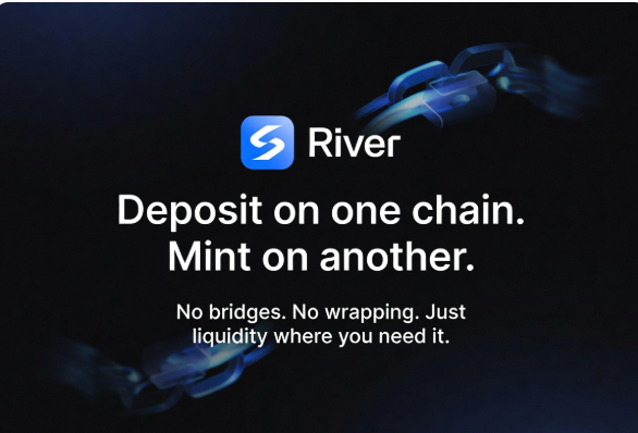 A promotional graphic for 'River' displays the text 'Deposit on one chain. Mint on another.' and 'No bridges. No wrapping. Just liquidity where you need it.' against a dark background with chain link graphics.