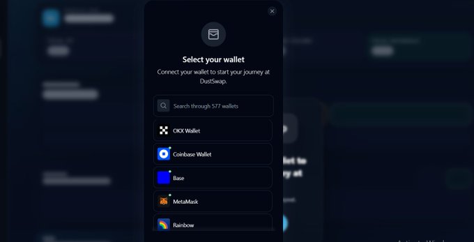 A 'Select your wallet' dialog on DustSwap showing 577 available wallets, with options including OKX Wallet, Coinbase Wallet, Base, MetaMask, and Rainbow visible in the list.