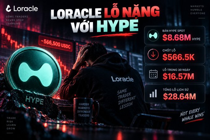 A promotional graphic for 'Loracle' titled 'LORACLE LỖ NẶNG VỚI HYPE' (Heavy losses with HYPE), displaying market data including HYPE spot sold at $8.68M, a loss of $566.5K, 30-day losses of $16.57M, and historical losses of $28.64M.